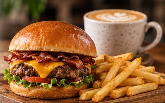 Burger con tocineta, papas fritas y café