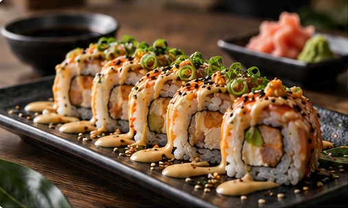 Rolls de sushi con salsa y cebollín