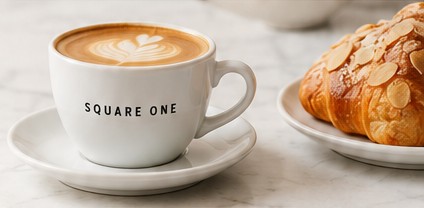 Café con arte latte y croissant